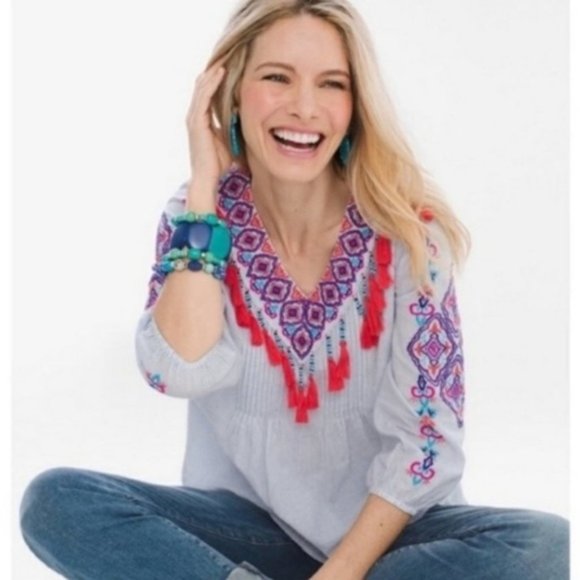 Chico's Tops - Chico's Pin Stripe, Beaded Tassel Boho Blouse. SZ3